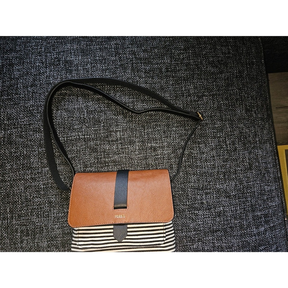 Fossil Crossbody Bag Women Small Brown Black White Striped New Nautical